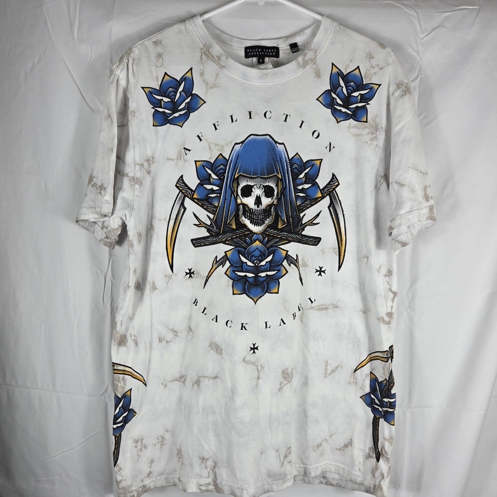 Affliction Black Label Mens Large Reaper Skull Blue Rose Tie Dye Graphic T Shirt